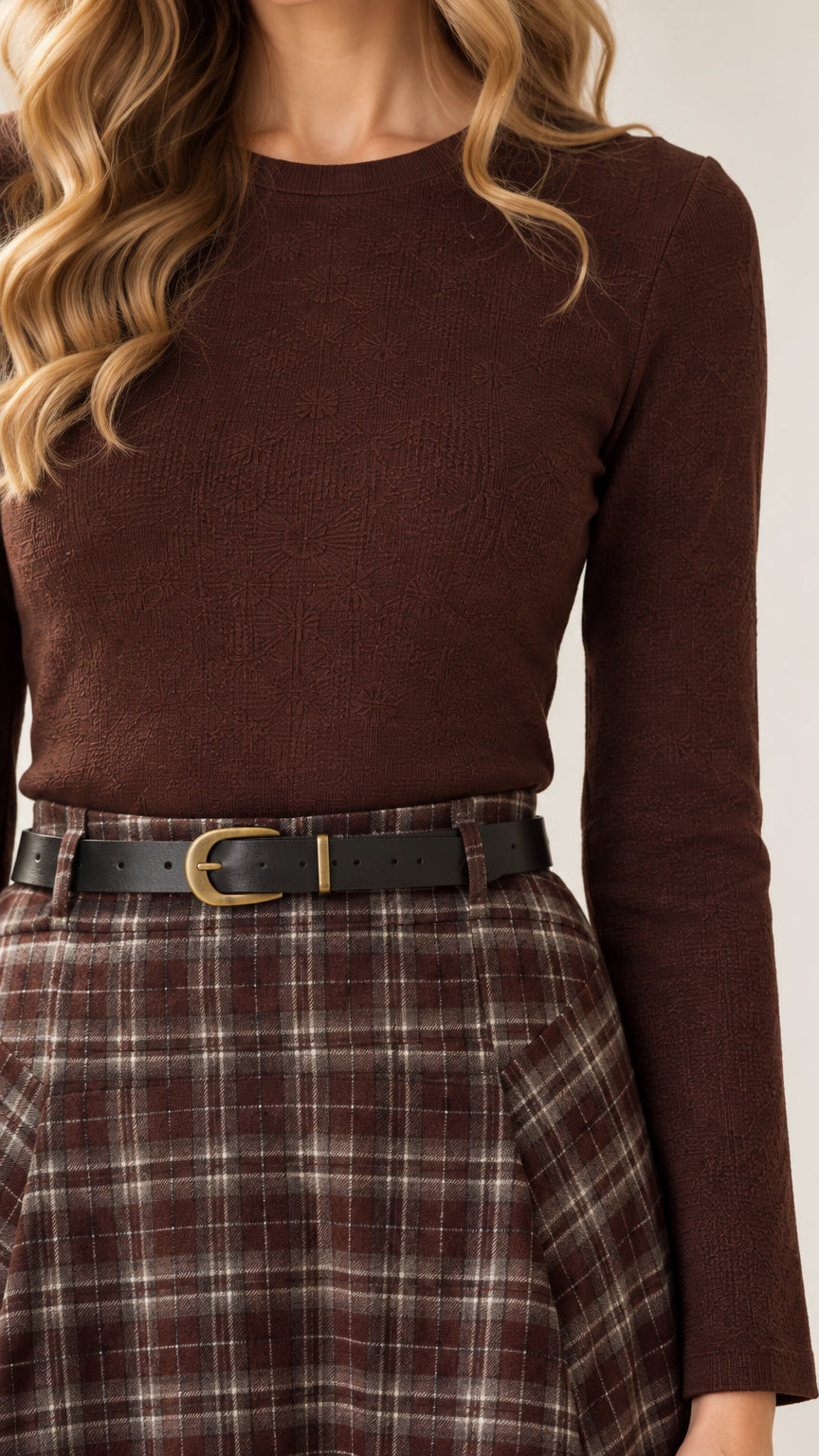 Women's Plaid Midi Skirt and Long Sleeve Knit Top Set with Belt
