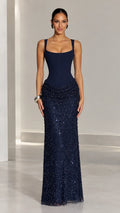Corset Bodice Sequined Column Evening Gown with Ruched Drop Waist