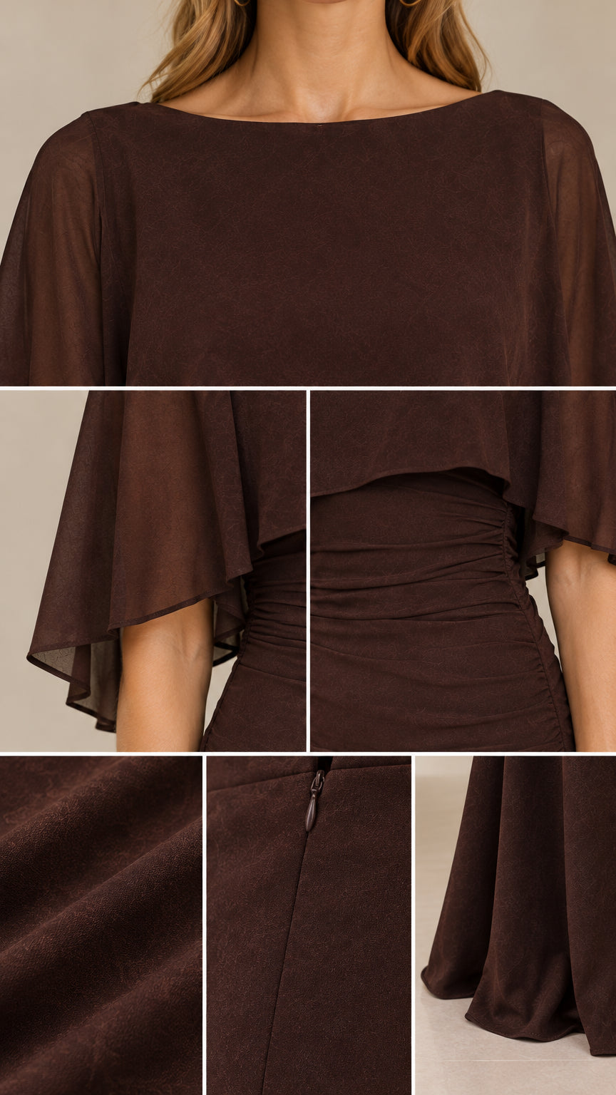Chiffon Capelet Ruched Evening Maxi Dress