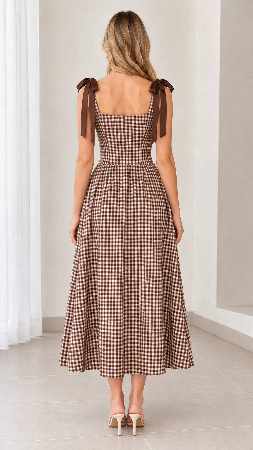 Women's Tie-Shoulder Gingham Midi Dress with Square Neckline and A-Line Skirt