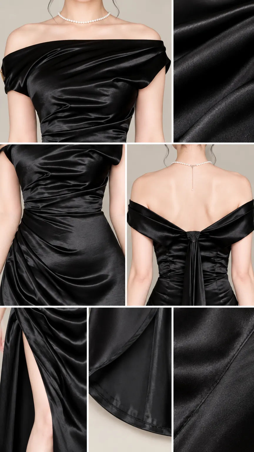 Off-the-Shoulder Ruched Satin Maxi Evening Gown with Slit