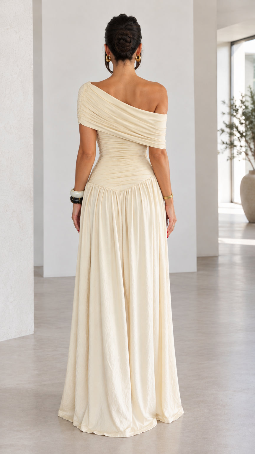 Women's Asymmetrical Draped Ruched Maxi Dress