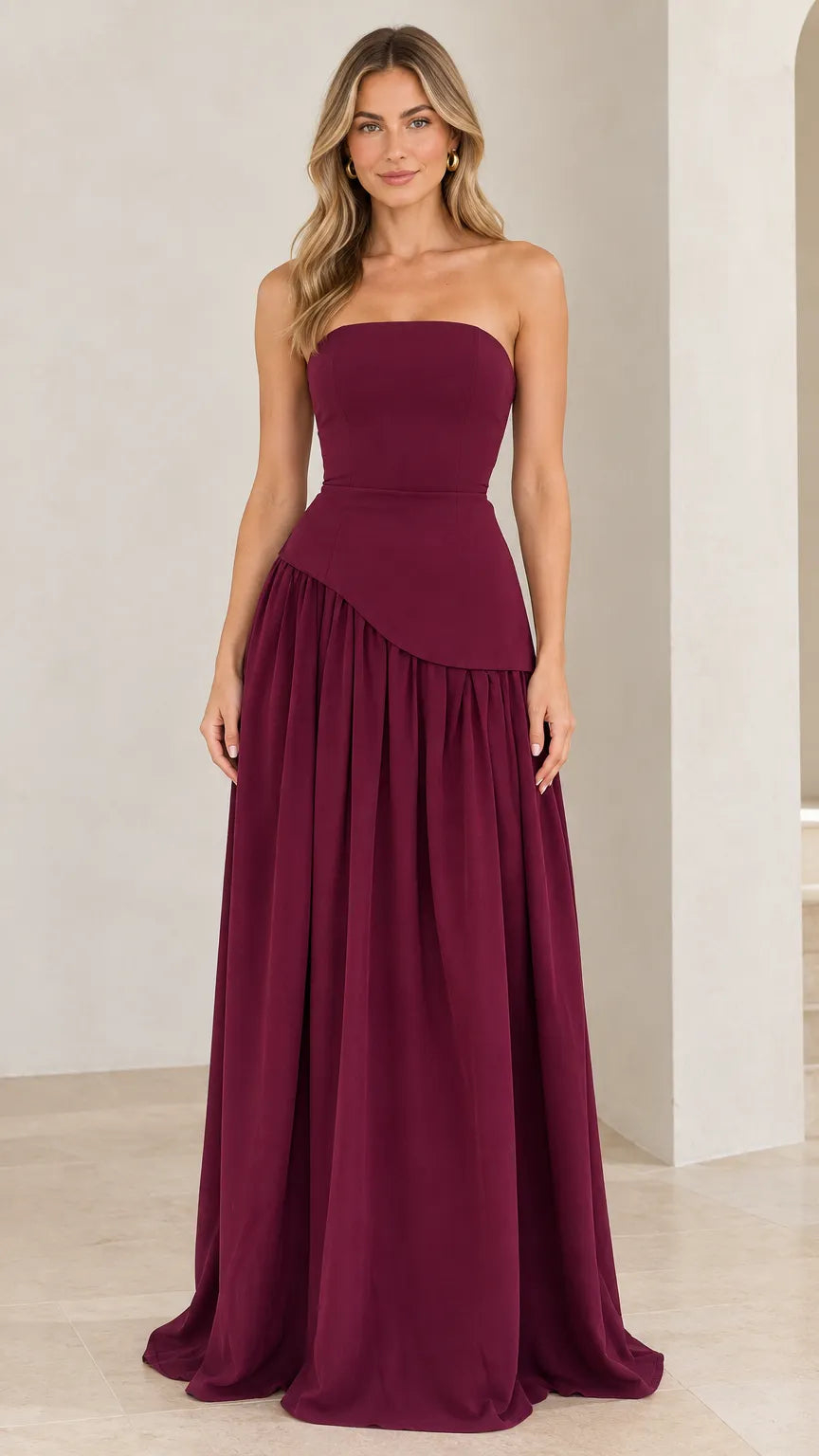 Strapless Asymmetrical Drop-Waist Lace-Up Corset Maxi Gown