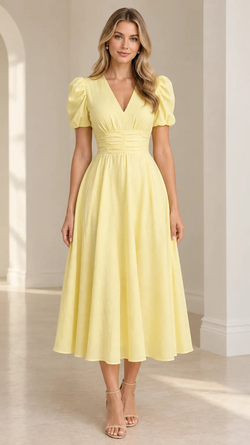 Women's V-Neck Puff Sleeve Ruched Waist A-Line Midi Dress