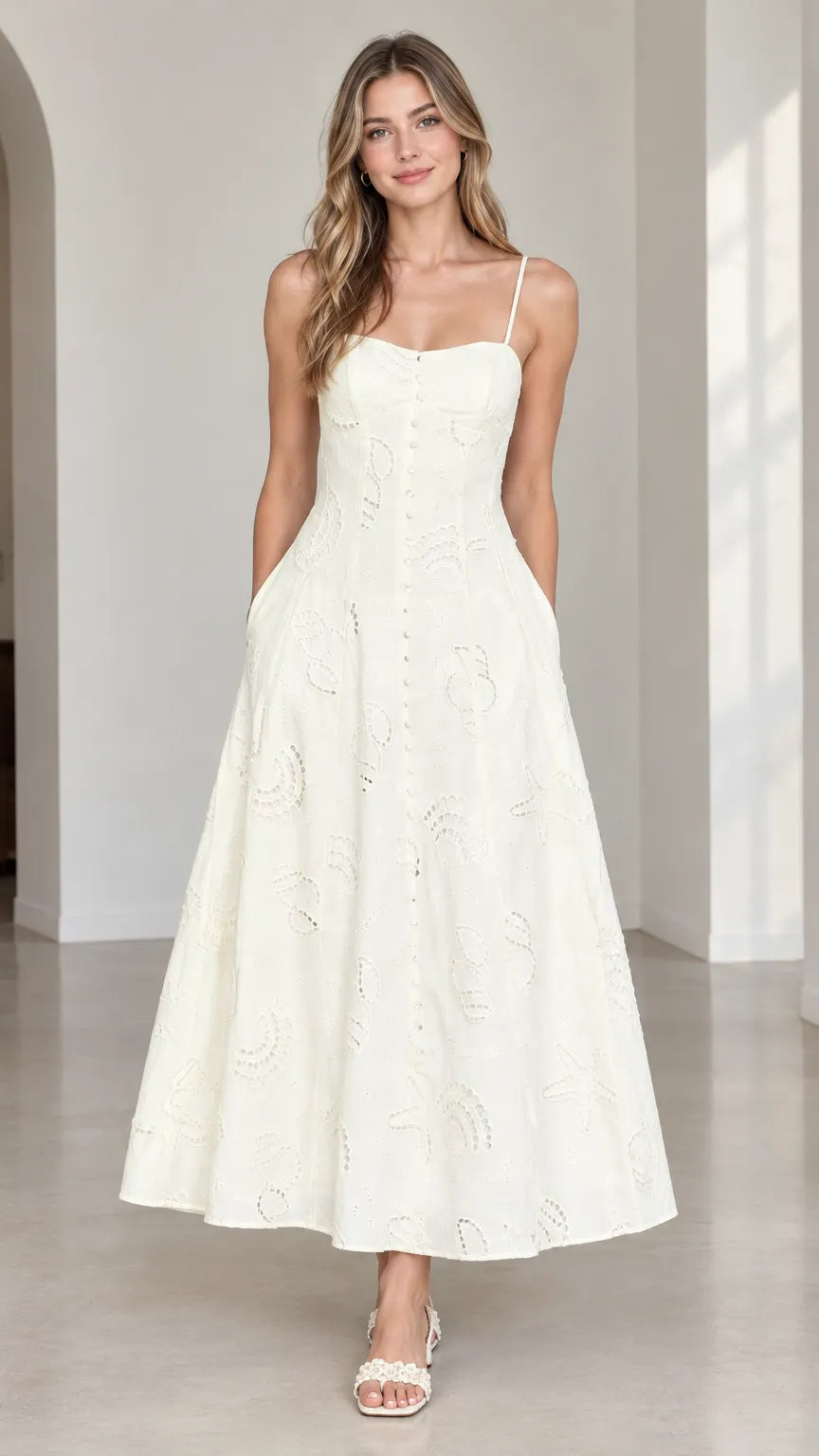 Women's Eyelet Embroidered Cami Maxi Dress with Pockets