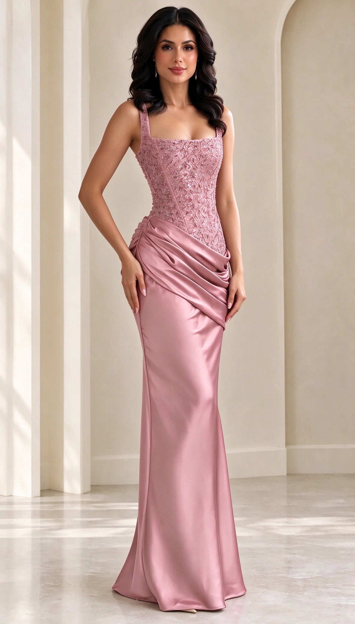 Sequin Corset Bodice Draped Satin Evening Maxi Gown